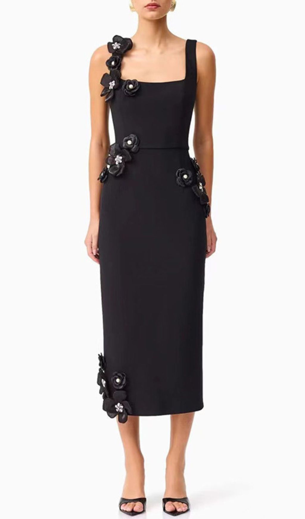 Fashionslee Women Harper Black Flower Embellished Midi Dress