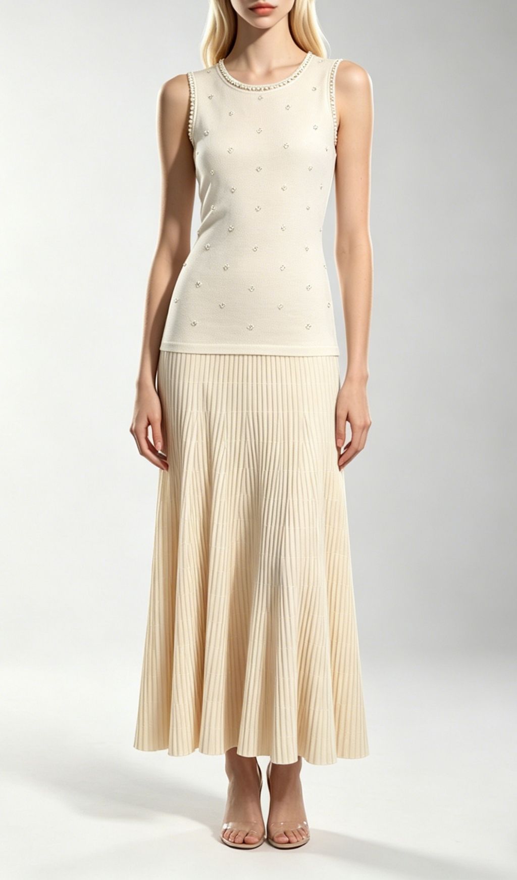 Fashionslee Women Kimberley Apricot Beaded Knit Midi Dress