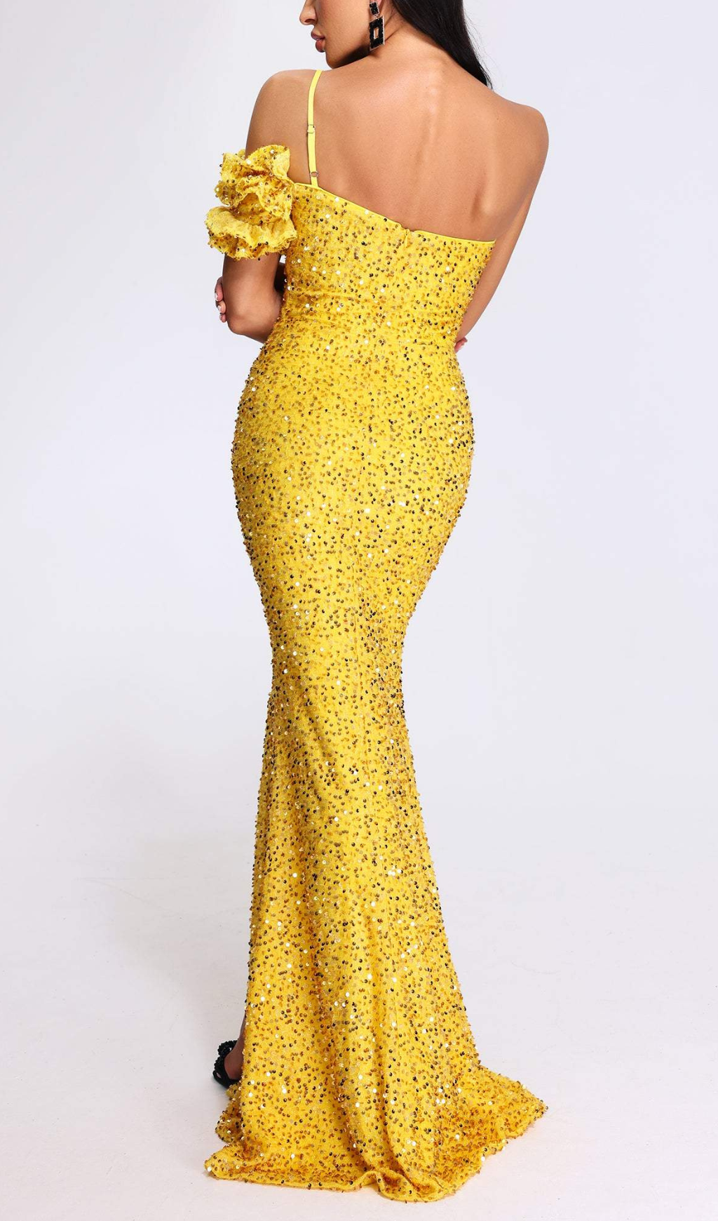 Fashionslee Women Ayn Yellow Sequined Slit Maxi Dress