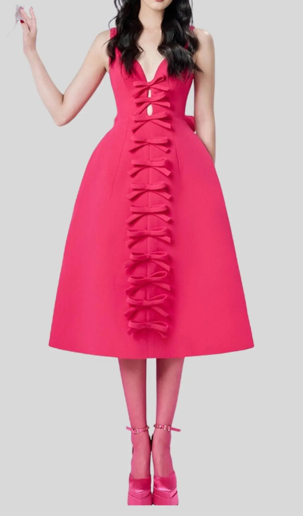 Fashionslee Women Pink Bowknot Strappy Midi Dress