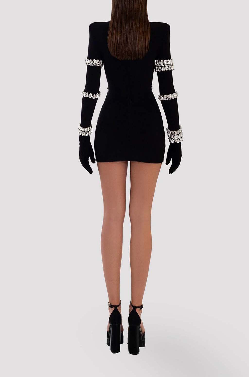Fashionslee Women Silver Stones Long Sleeve Mini Dress In Black