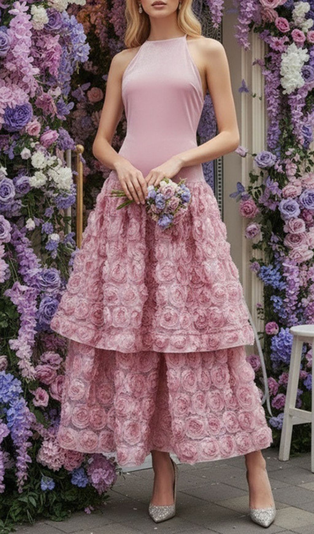 Fashionslee Women Jonila Pink Halter Flower Midi Dress