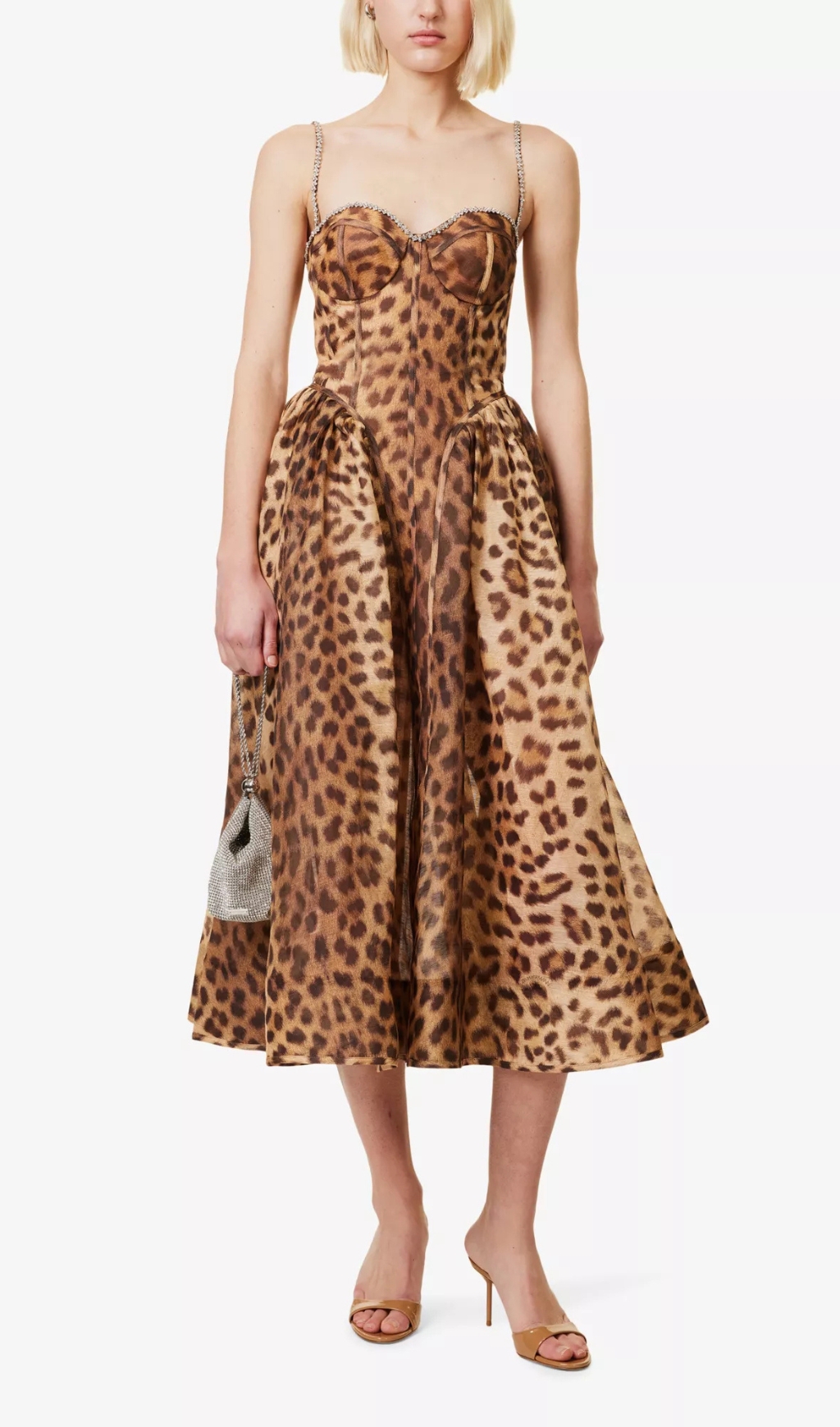 Fashionslee Women Animal Print Crystal Bustier A Line Midi Dress