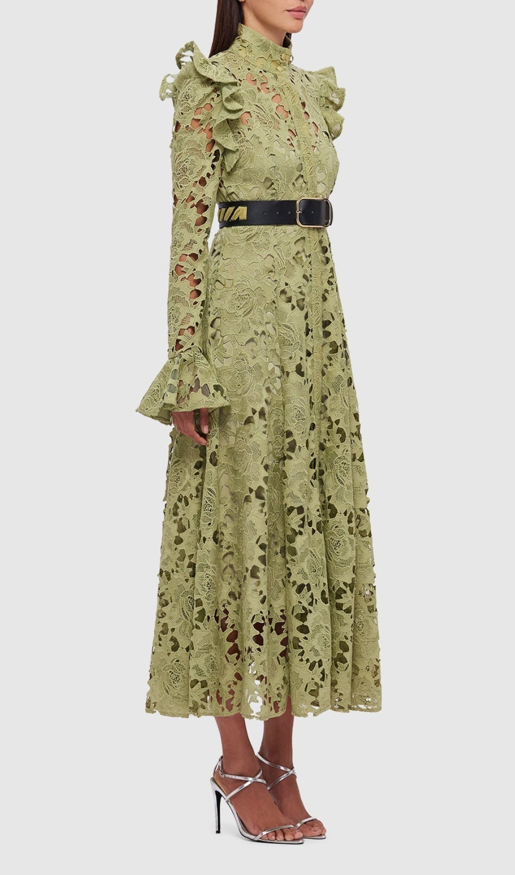Fashionslee Women Adora Olive Lace Sleeve Midi Dress
