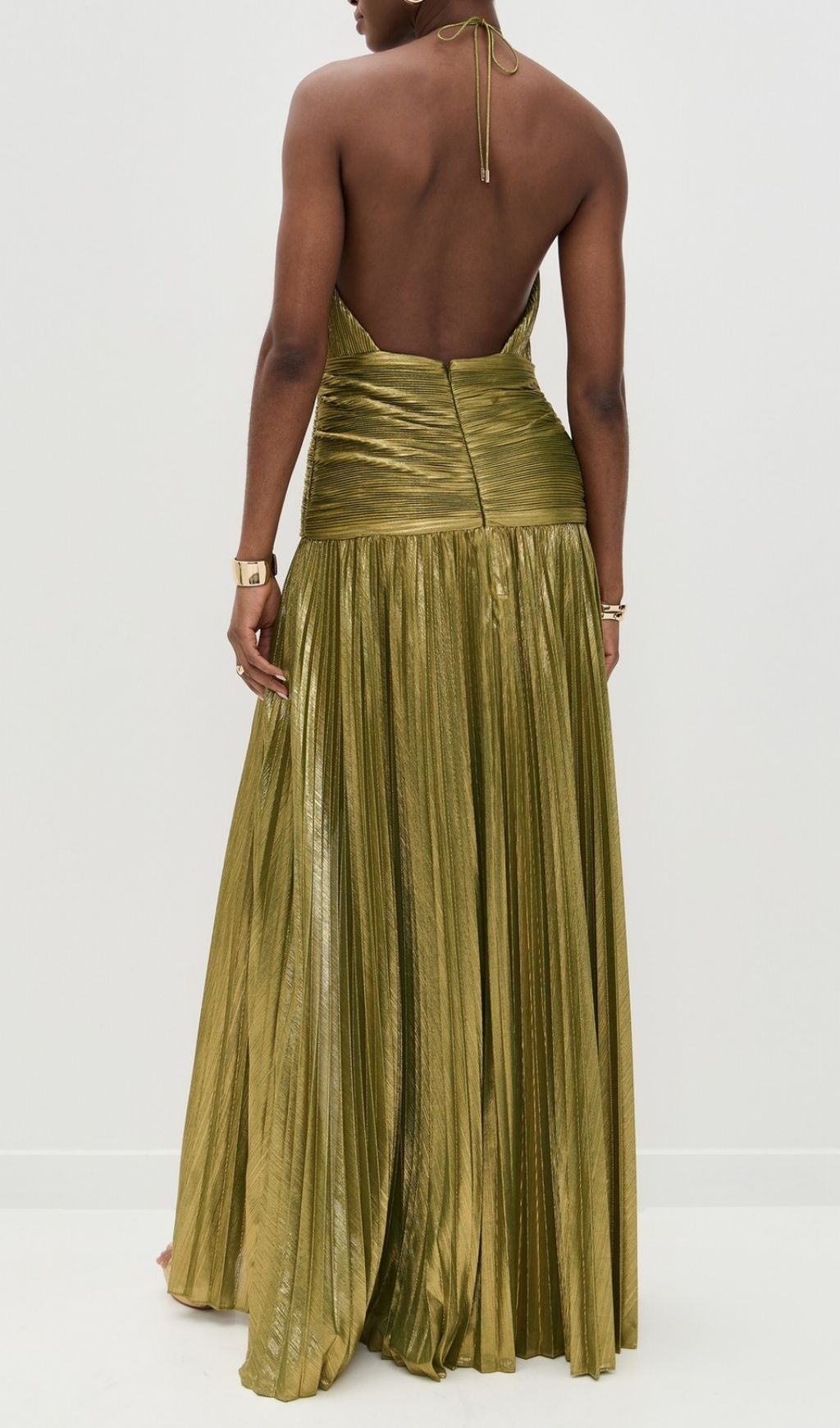 Fashionslee Women Syriona Halterneck Split Pleated Metallic Maxi Dress In Gold