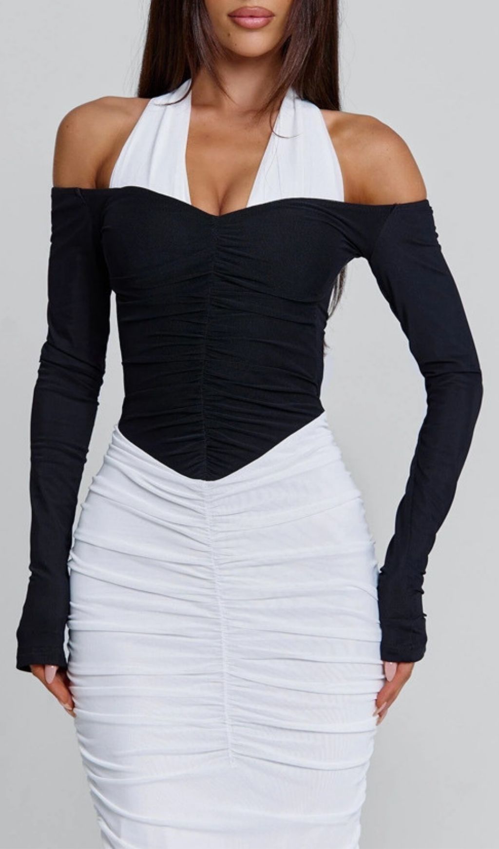 4c1f836efdcd78165c6e051960bf0dcf.jpg Fashionslee Women Kapri Halter Ruched Long Sleeve Maxi Dress