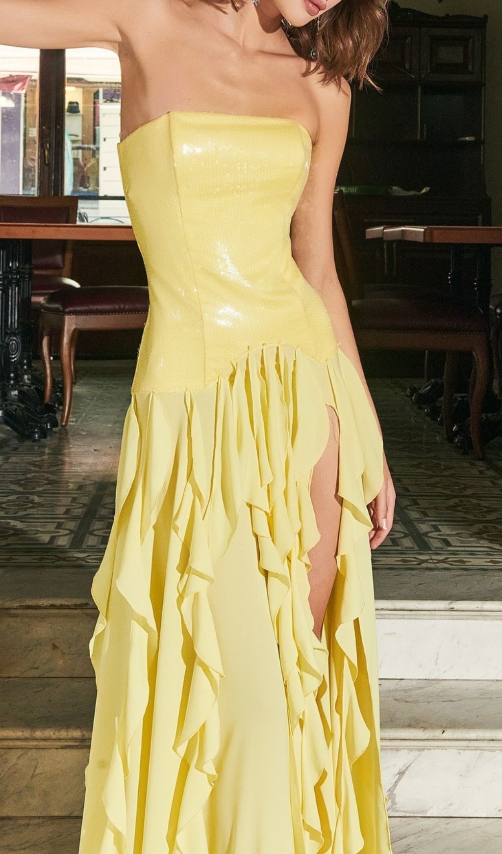 4c3a5c53ac0a5355eb4d718e2e880610.jpg Fashionslee Women Kalki Yellow Strapless Sequin Ruffle Maxi Dress