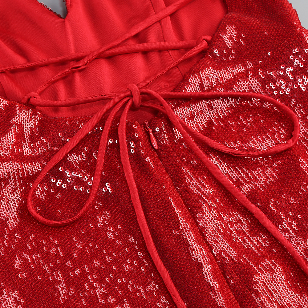 Fashionslee Women Dorona Red Sequin Backless Maxi Dress