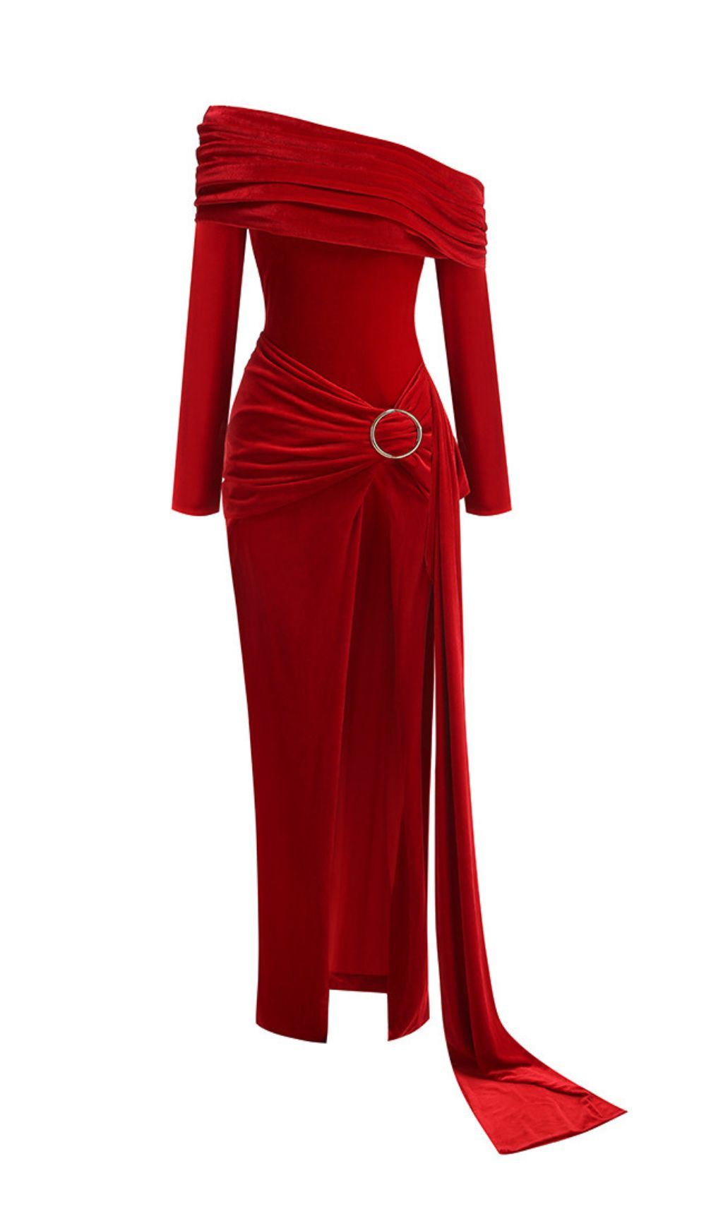Fashionslee Women Jahanna Red Long Sleeve Ruched Velvet Maxi Dress