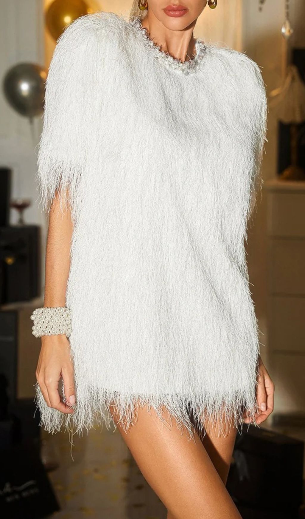 Fashionslee Women Celena Pearl Fringe Mini Dress In White
