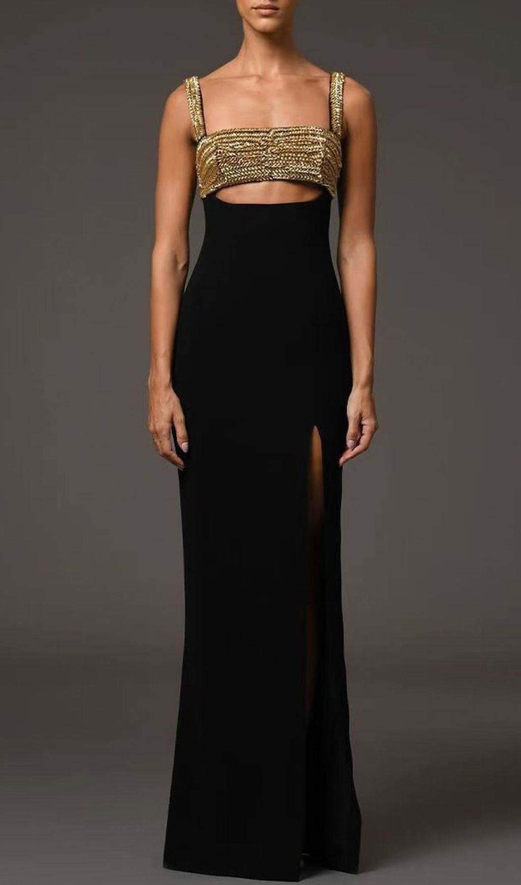 Fashionslee Women Dulcia Black Gold Rhinestone Bandage Maxi Dress