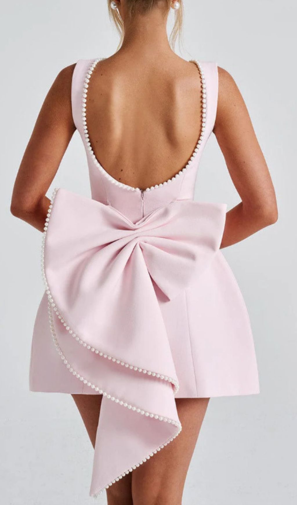 Fashionslee Women Eimear Pink Backless Pearl Bow Mini Dress