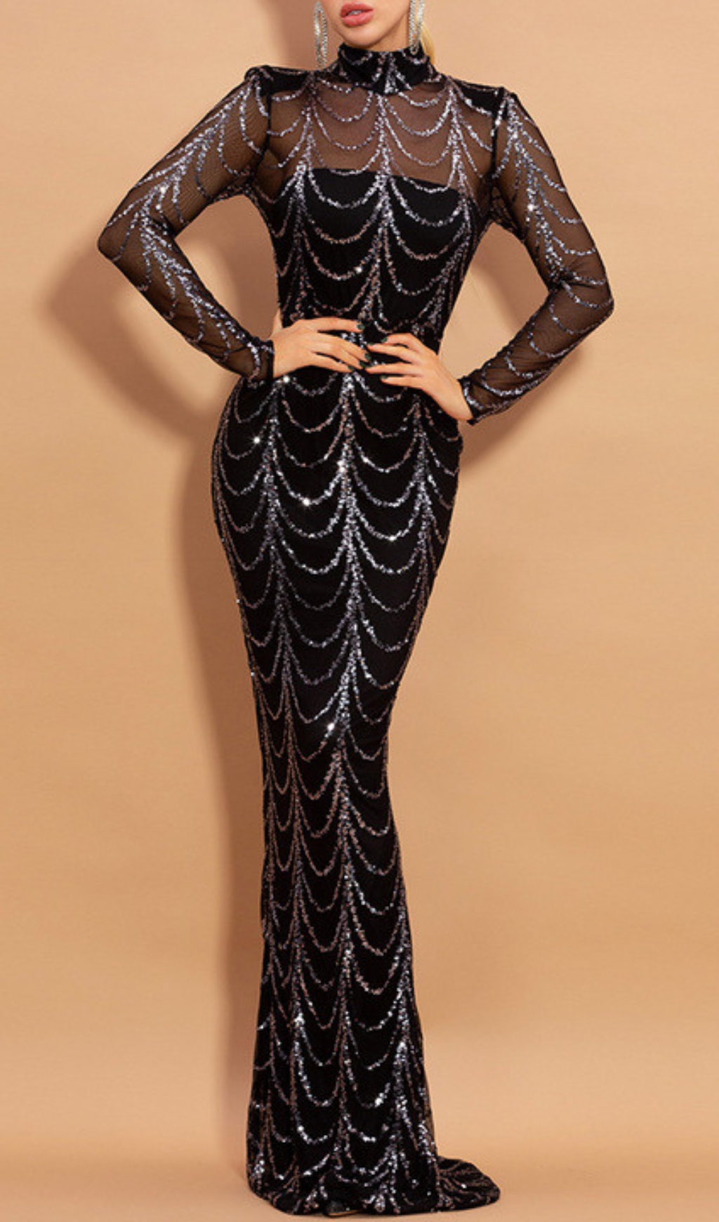 Fashionslee Women Bethia Black Sequin Mesh Sleeve Maxi Dress