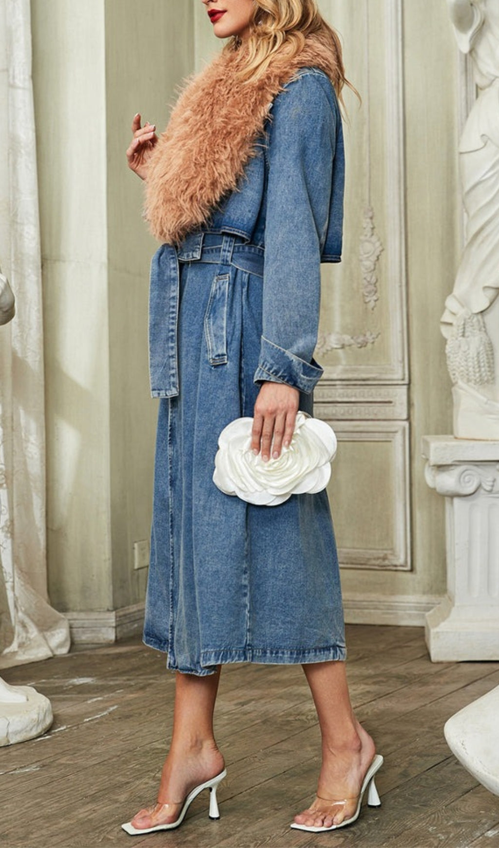 VINTAGE DENIM COAT WITH FAUX FUR COLLAR - OWNCI VINTAGE DENIM COAT WITH FAUX FUR COLLAR - OWNCI