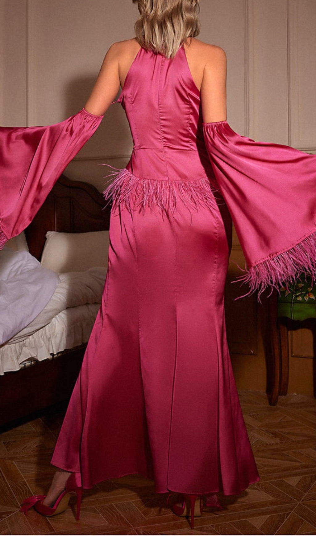 Fashionslee Women Astra Pink Halterneck Feather Satin Dress