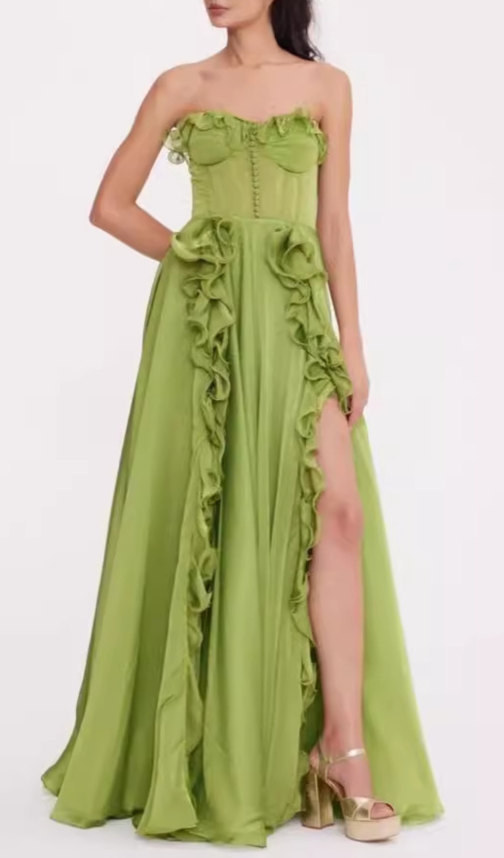 Fashionslee Women Colombine Green Strapless Ruffle Maxi Dress