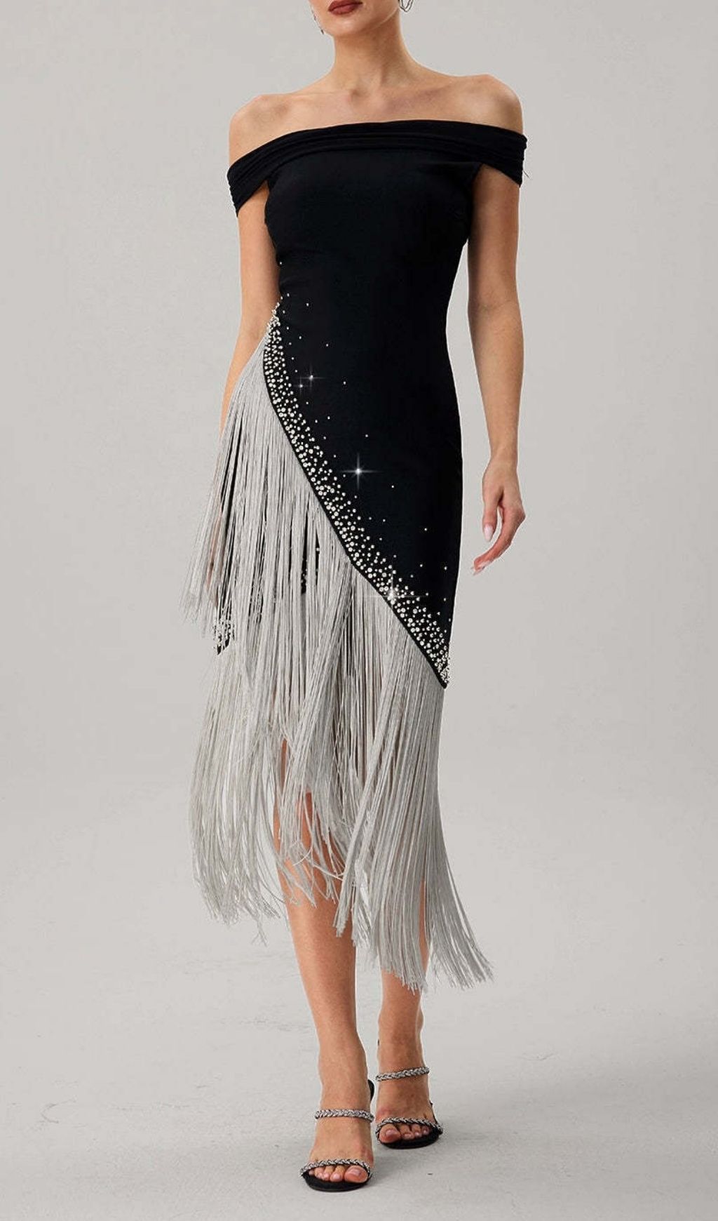 4d2f7a9edcc31823b78e4b89ad215e9c.jpg Fashionslee Women Koda Silver Tassel Diamante Bandage Midi Dress