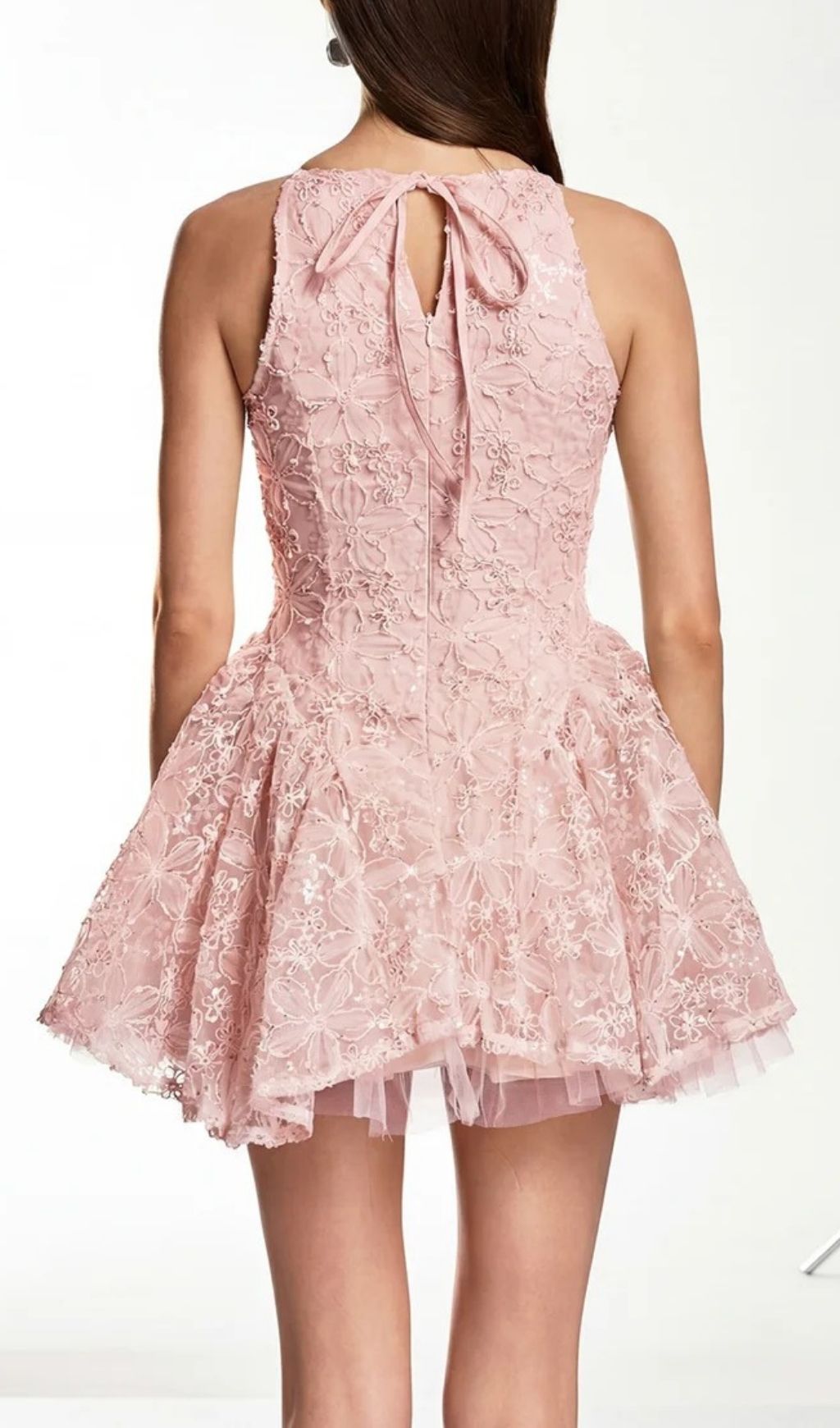 Fashionslee Women Katsumi Pink Halter Lace Flower Mini Dress