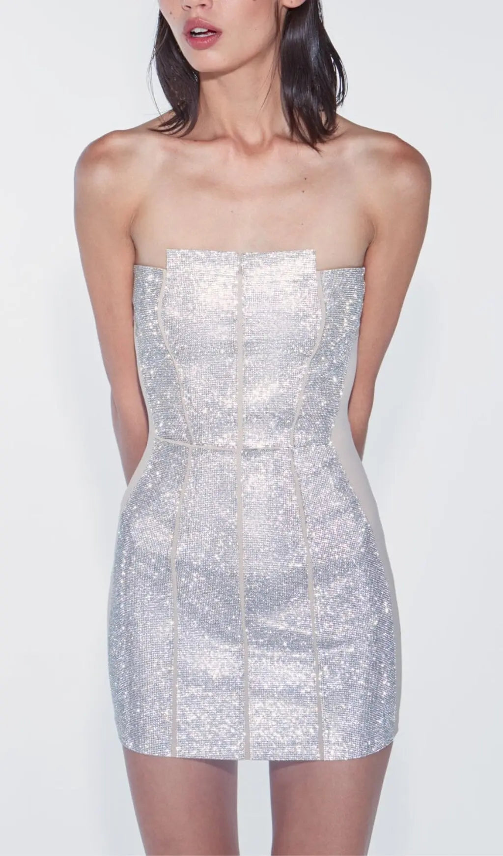Fashionslee Women Silver Bandeau Rhinestone Trimming Dress