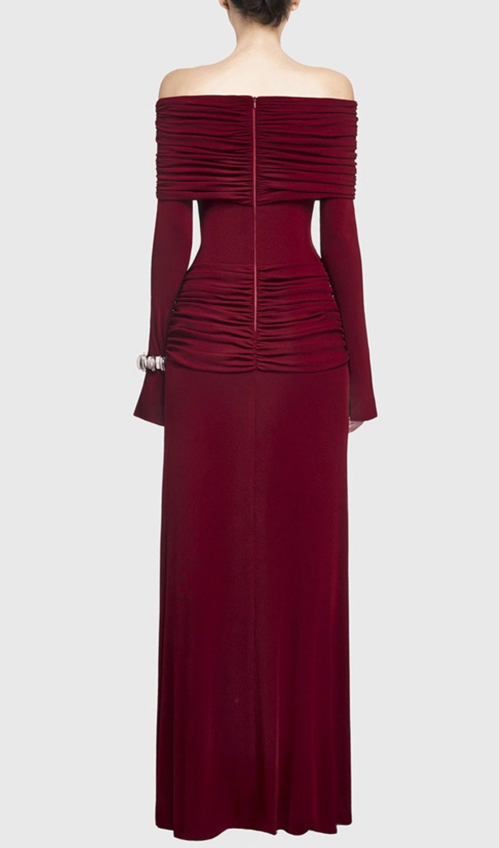 Fashionslee Women Gala Wine Off-Shoulder Ruched Long Sleeve Maxi Dress