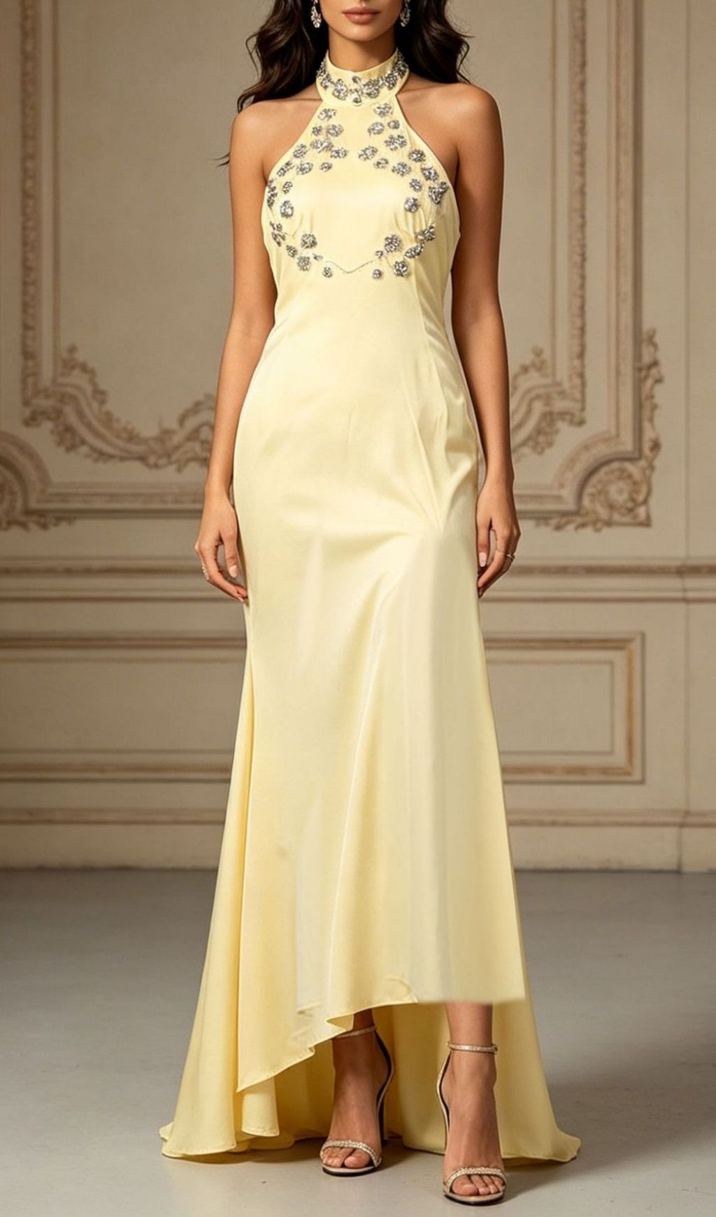 Fashionslee Women Lacy Yellow Halter Diamante Maxi Dress