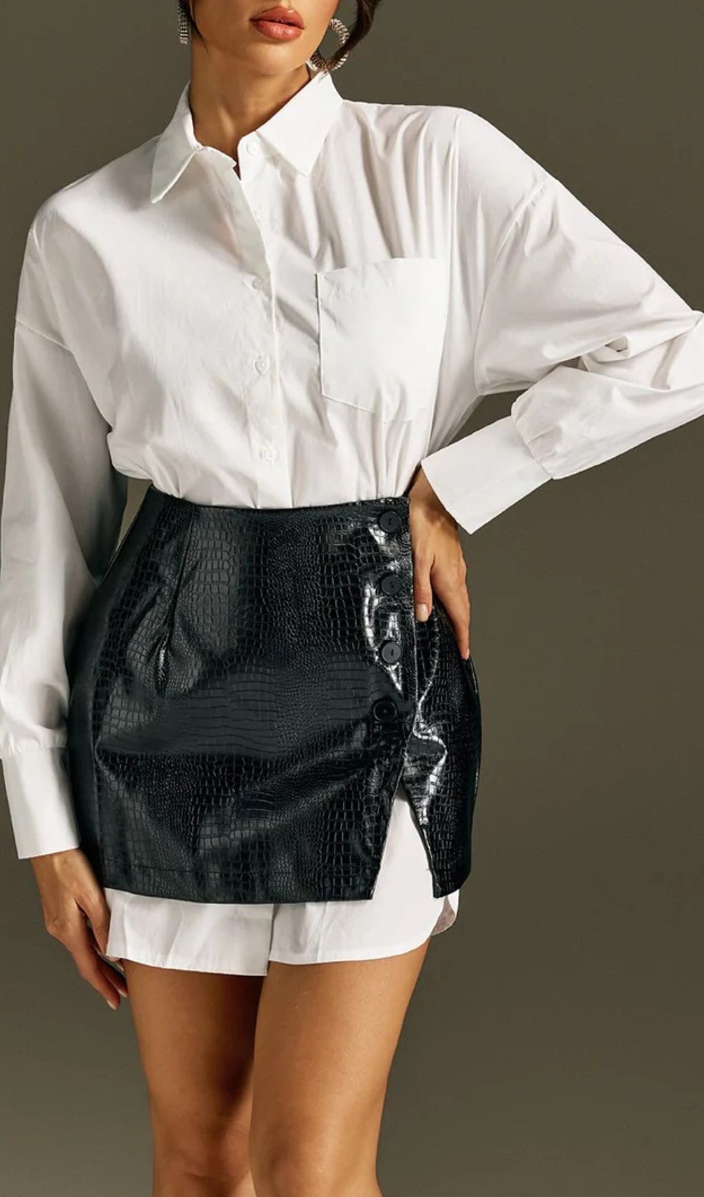 4ee9dd94f49a9fa7b29000a3e221421b.jpg Fashionslee Women Romney Shirt Faux Leather Skirt Set