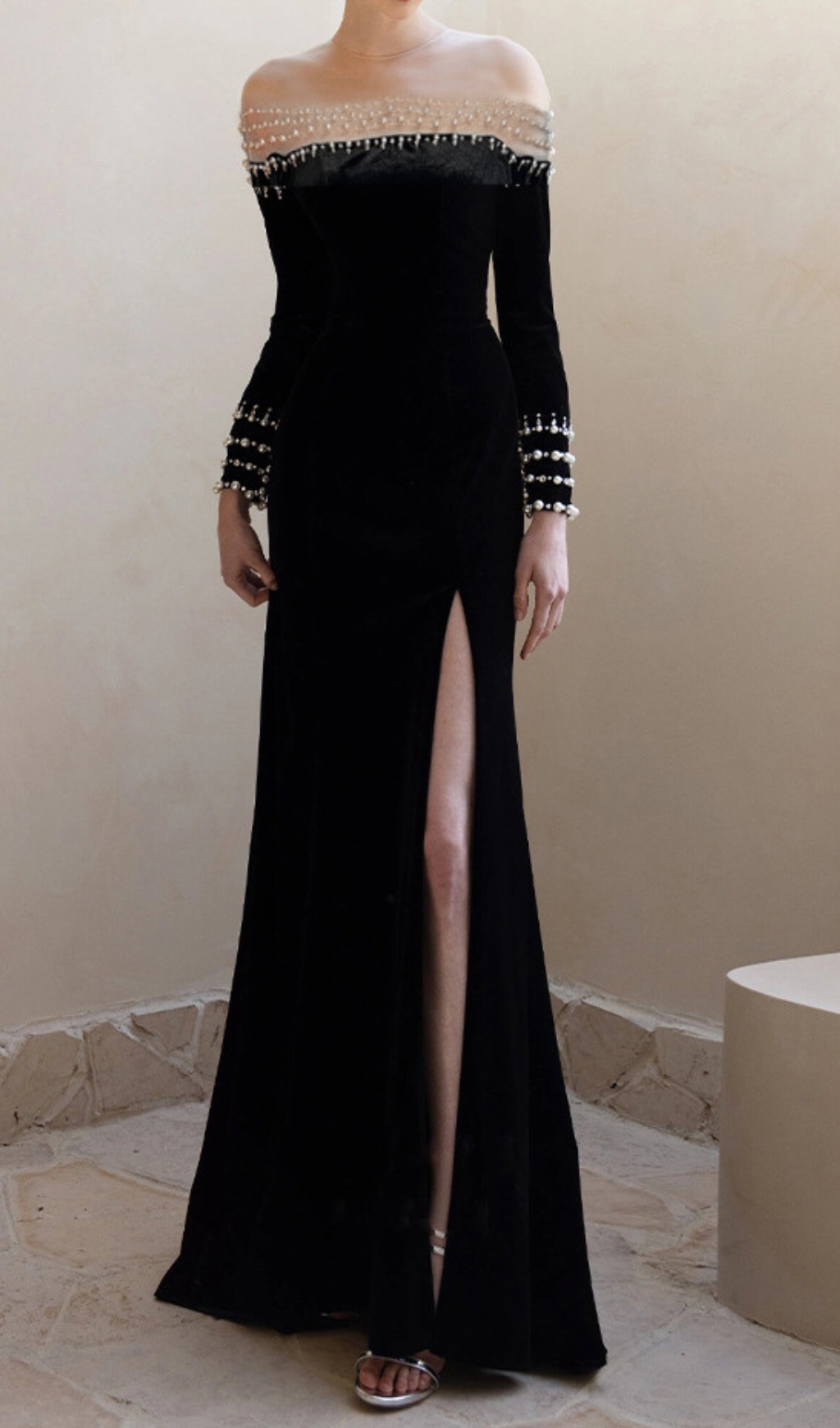 4ef18f6786cf84b4fe17023344d64382.jpg Fashionslee Women Breena Black Pearl Long Sleeve Velvet Maxi Dress