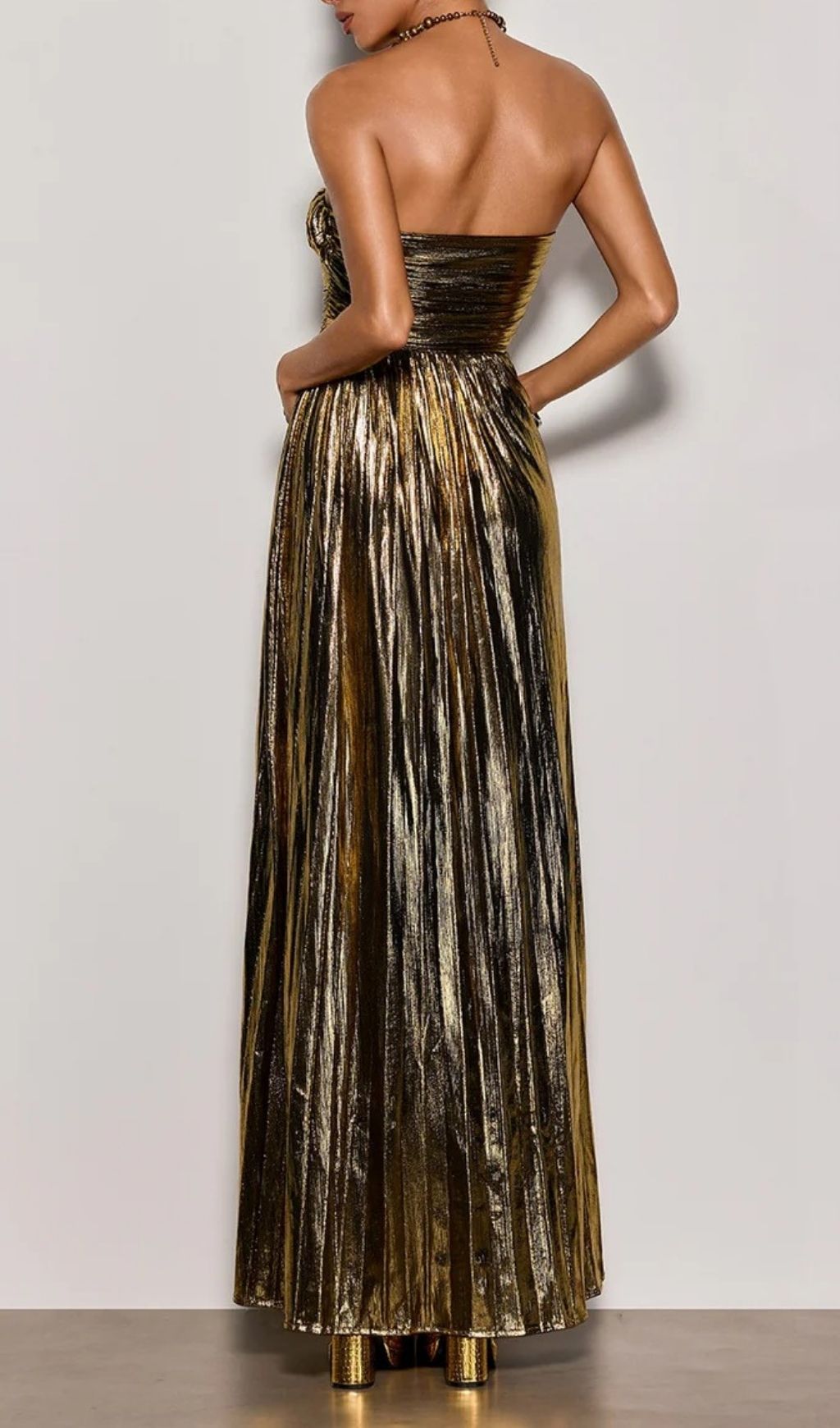 Fashionslee Women Quvory Strapless Split Metallic Maxi Dress In Gold