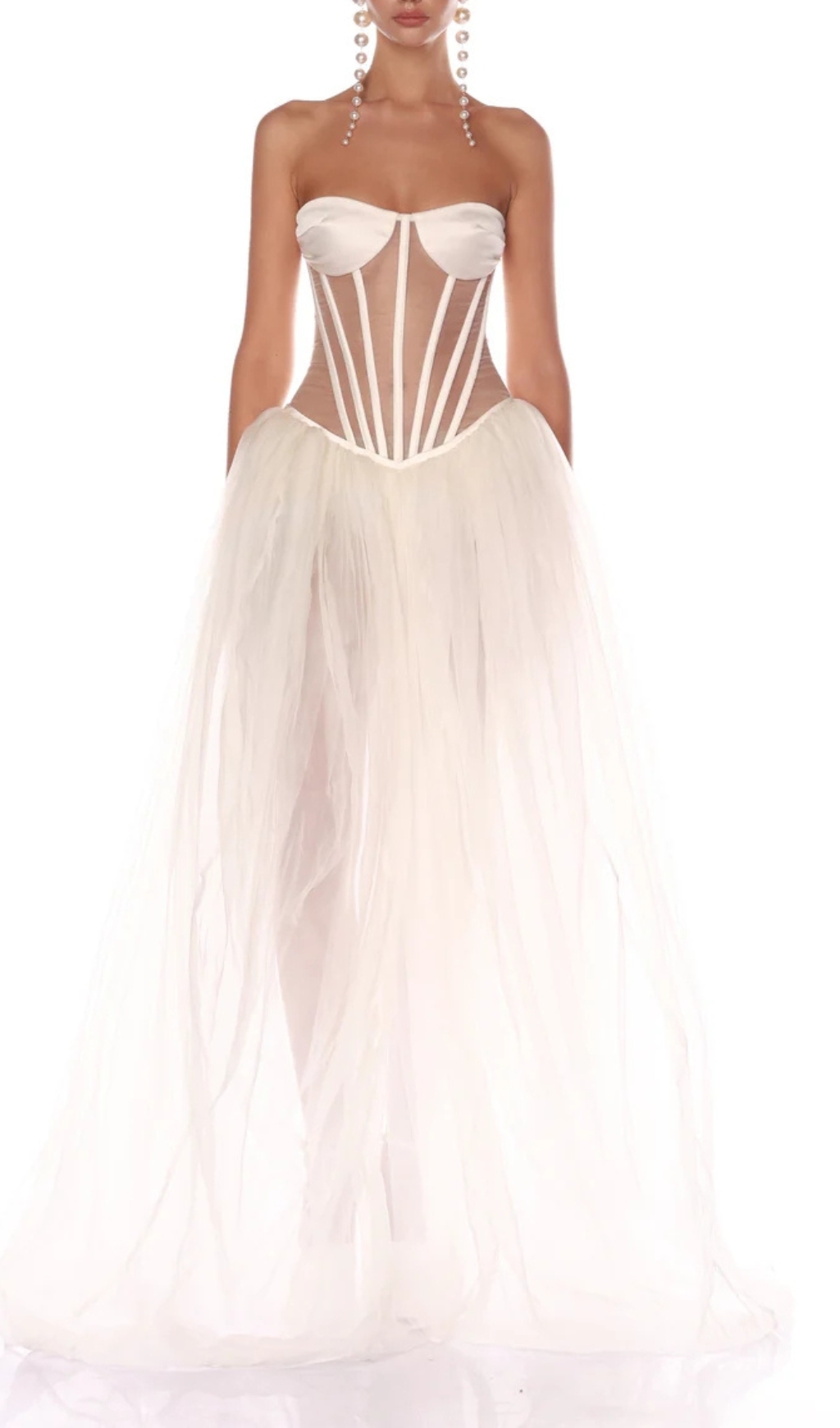 Fashionslee Women Baya White Strapless Corset Mesh Maxi Dress