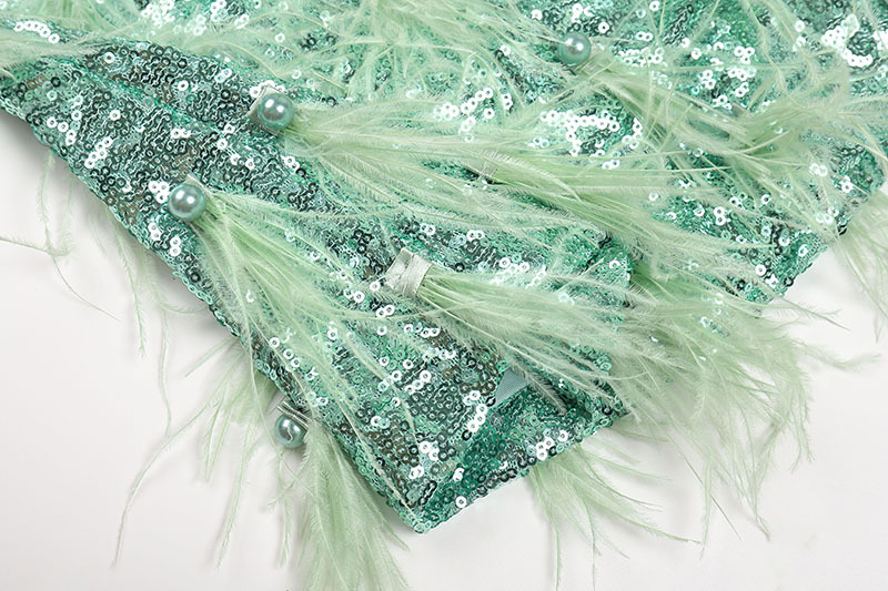 Fashionslee Women Akanksha Green Feather Sequins Mini Dress