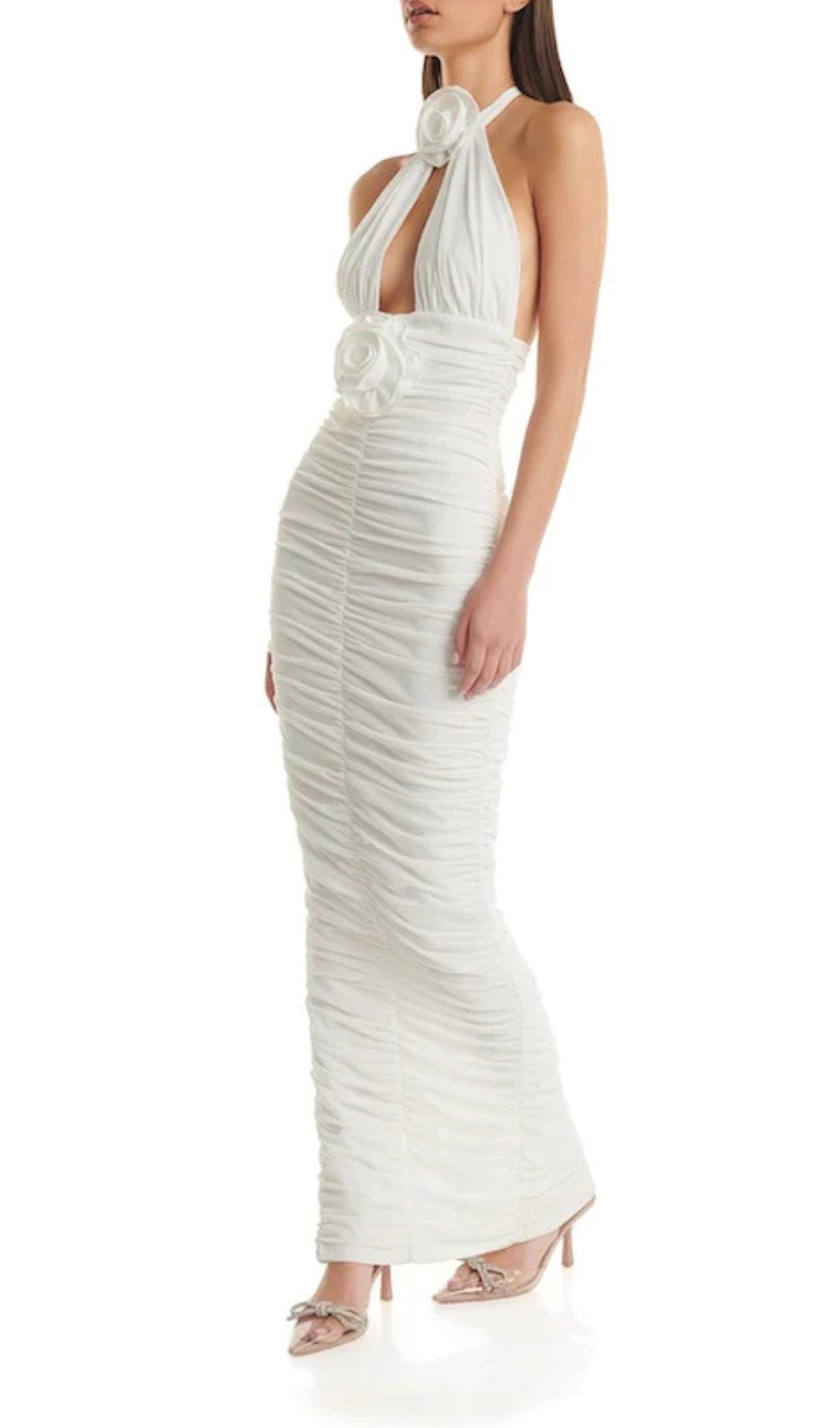 Fashionslee Women White 3D Floral Circle Neck Bandage Maxi Dress