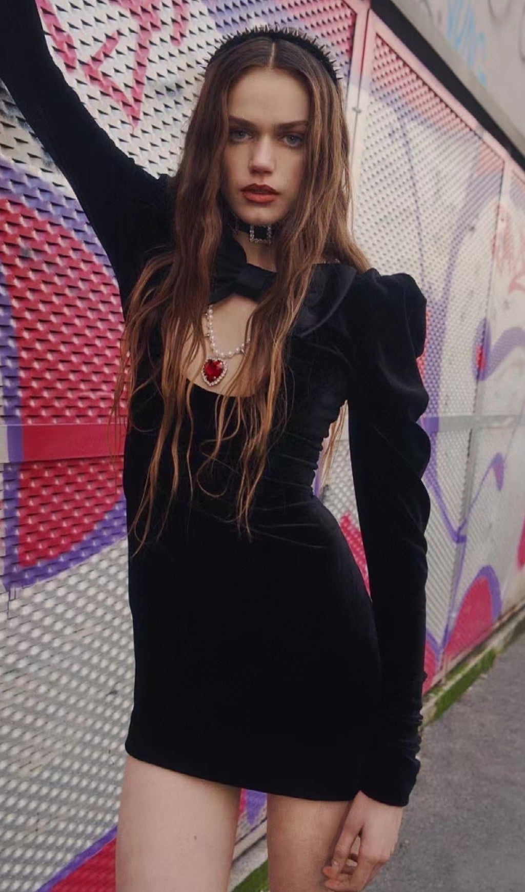4f7b8319096611a69d1bc9c77408ccbe.jpeg Fashionslee Women Black Velvet Hollow Bow Long-Sleeve Mini Dress