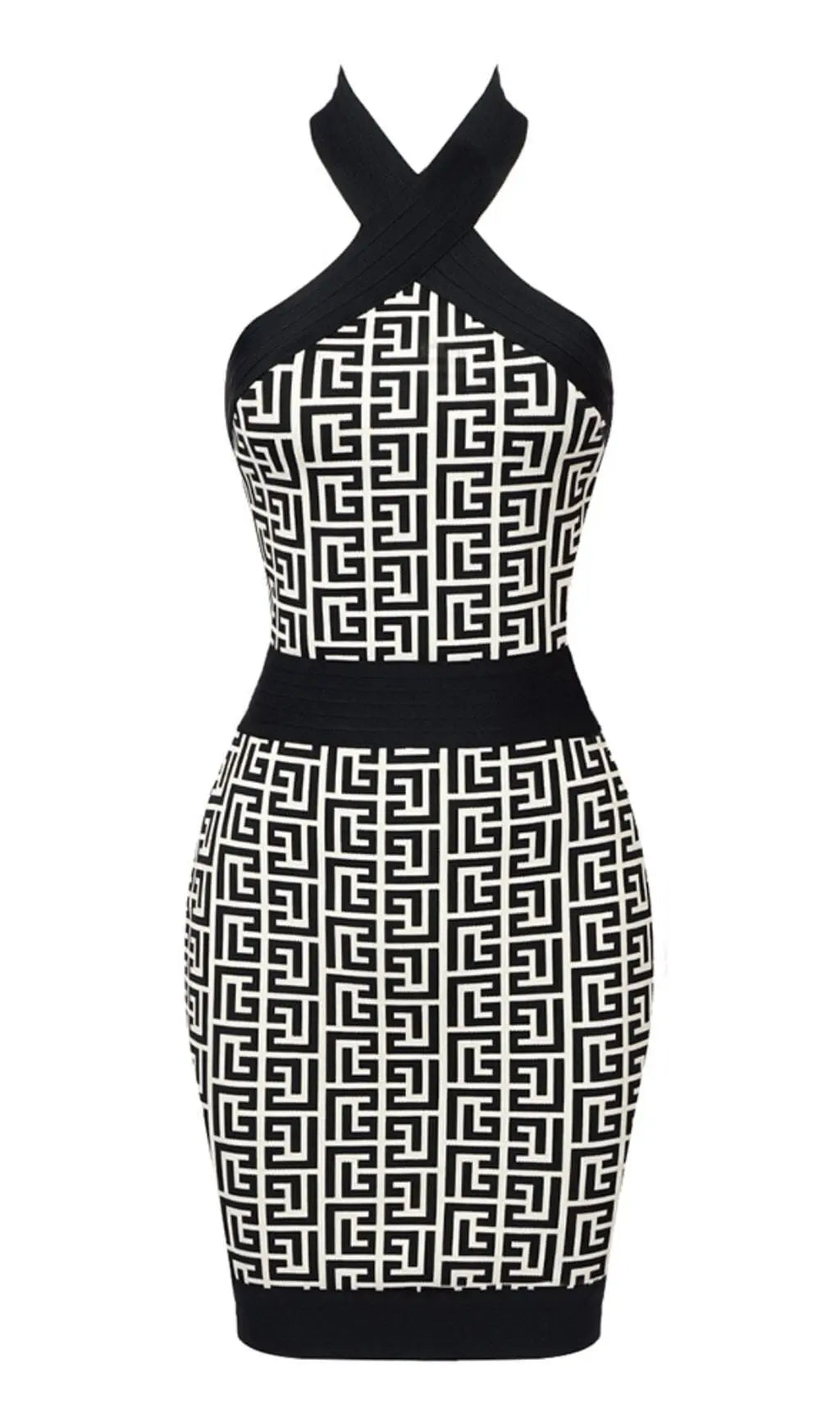 4fae126ebacda6b96a63dddebd19db5d.jpeg Fashionslee Women Halter Monogram Mini Dress In Mixed Colours