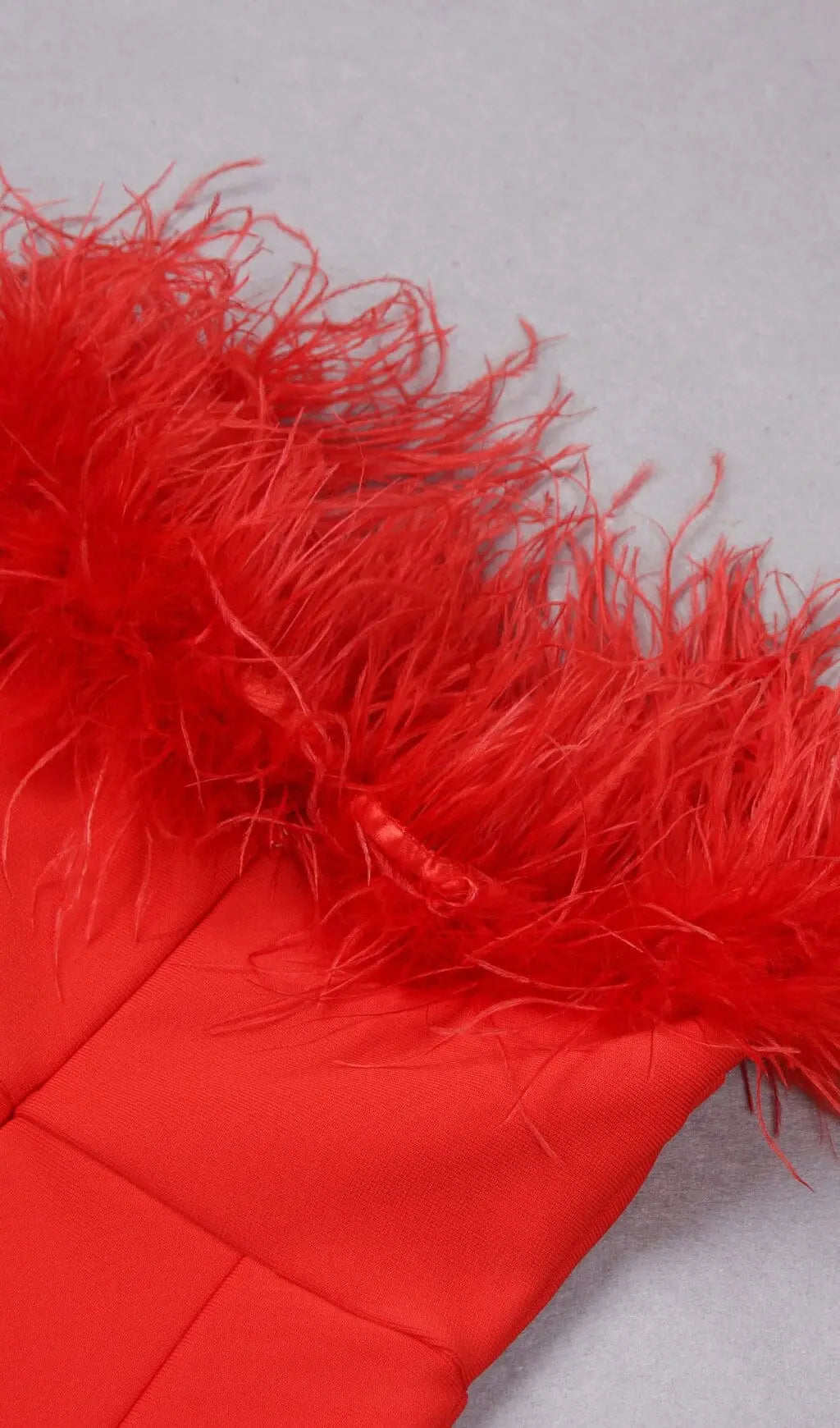 50233db7ff5500d947f3a53c73635b2d.jpeg Fashionslee Women Stretch Strapless Feather Trimmed Gown In Red
