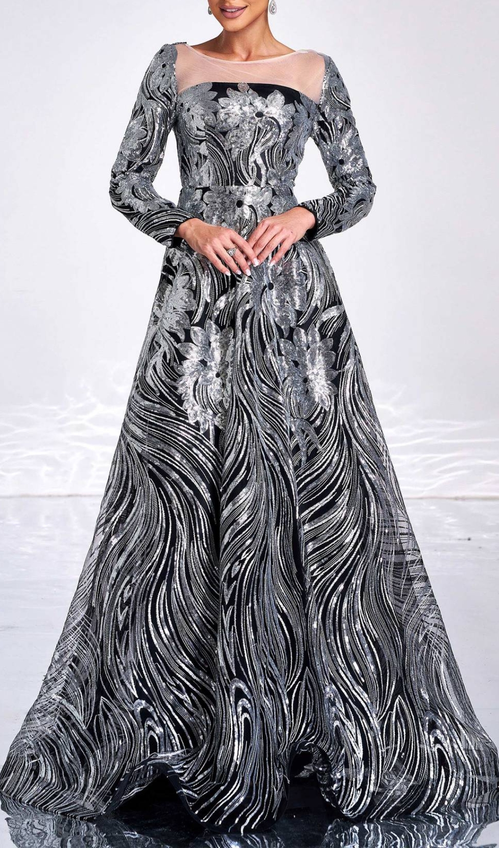 Fashionslee Women Charae Silver Sequin Long Sleeve Maxi Dress