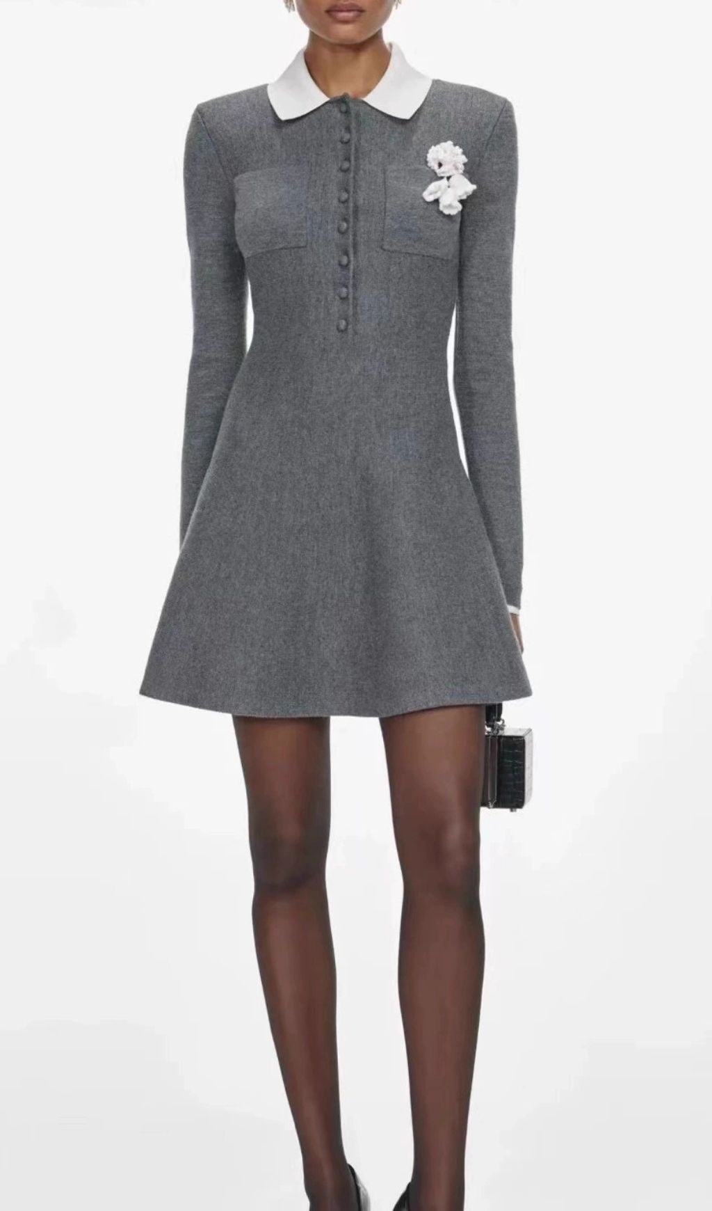 Fashionslee Women Hélio Grey Long Sleeve Knit Mini Dress