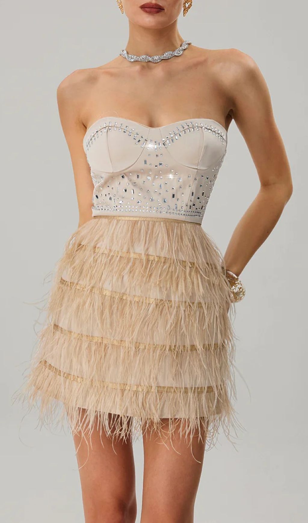 Fashionslee Women Jagtopa Strapless Fringe Rhinestone Mini Dress