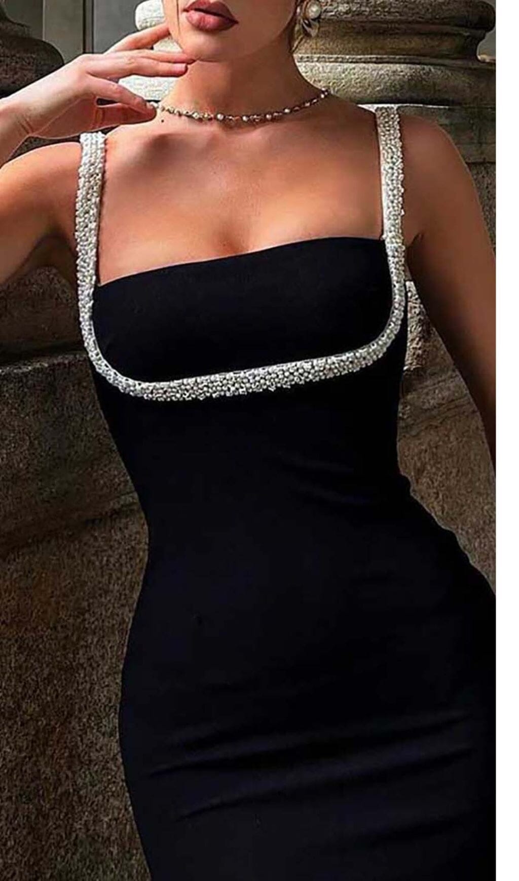 Fashionslee Women Crystal Embellished Trim Midi Dress In Black