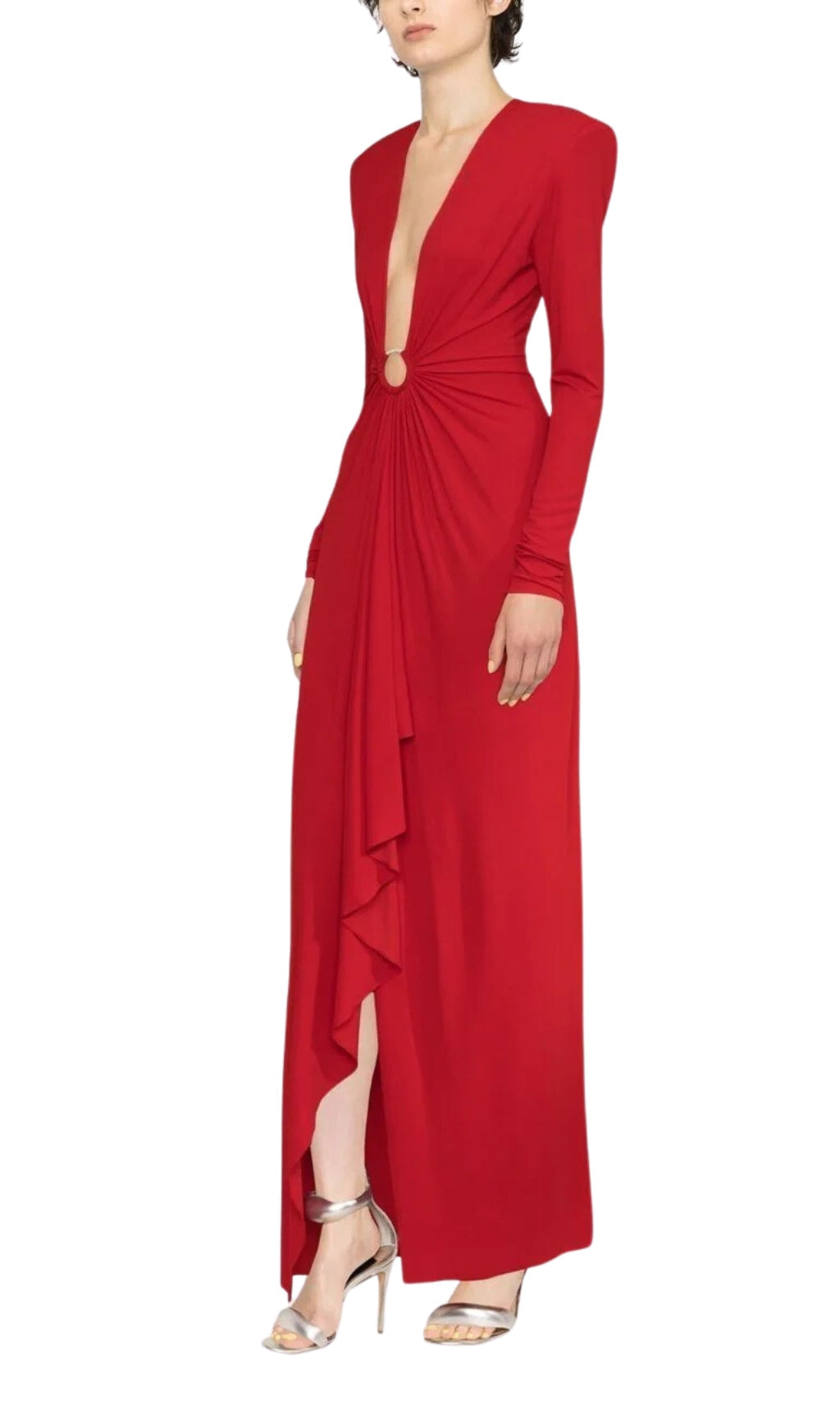 50c223bdc90c8c3671ebdd028db18161.jpeg Fashionslee Women Red Plunge-Neck Draped Gown