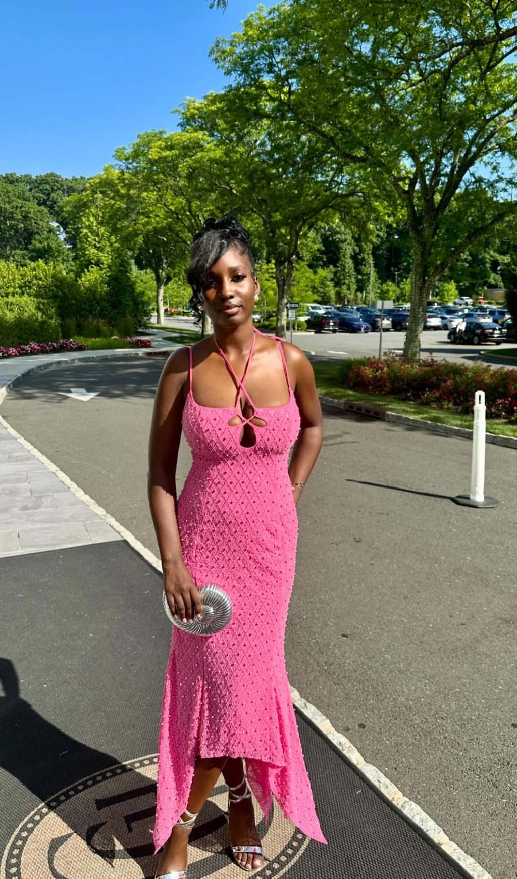 Fashionslee Women Bakwina Pink Pearl Sequin Lace Up Maxi Dress