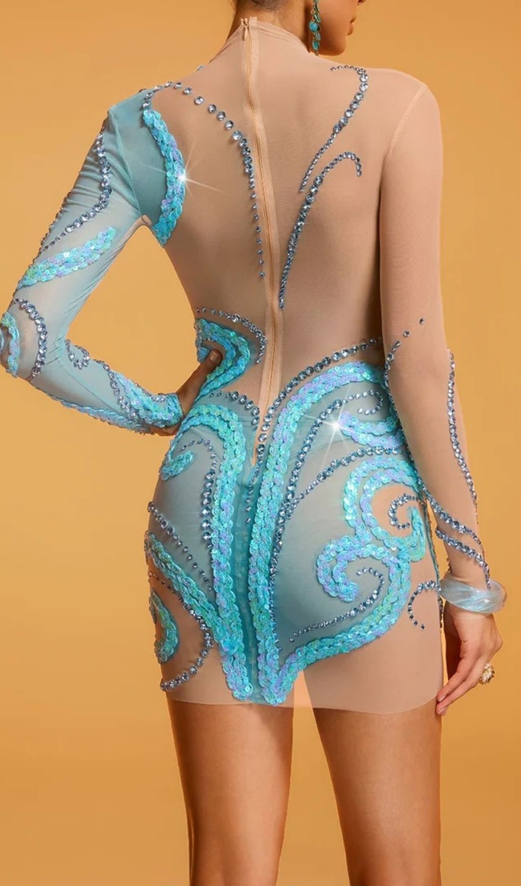 Fashionslee Women Diwata Crystal Sequin Mesh Mini Dress