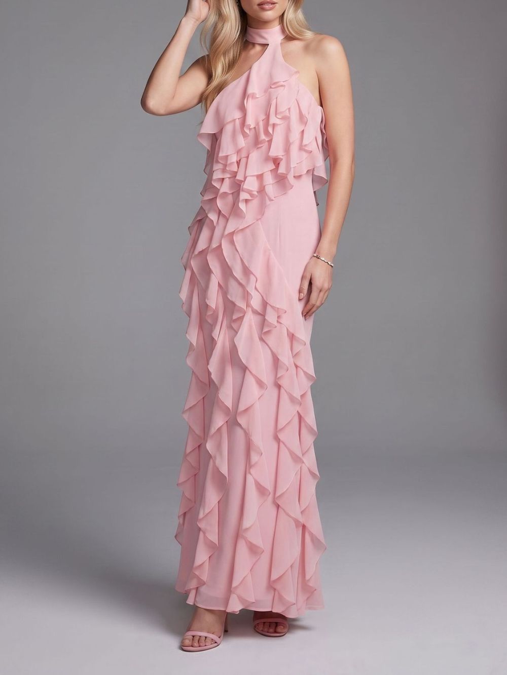PINK HALTER RUFFLE MAXI DRESS TRENDING - OWNCI PINK HALTER RUFFLE MAXI DRESS TRENDING - OWNCI