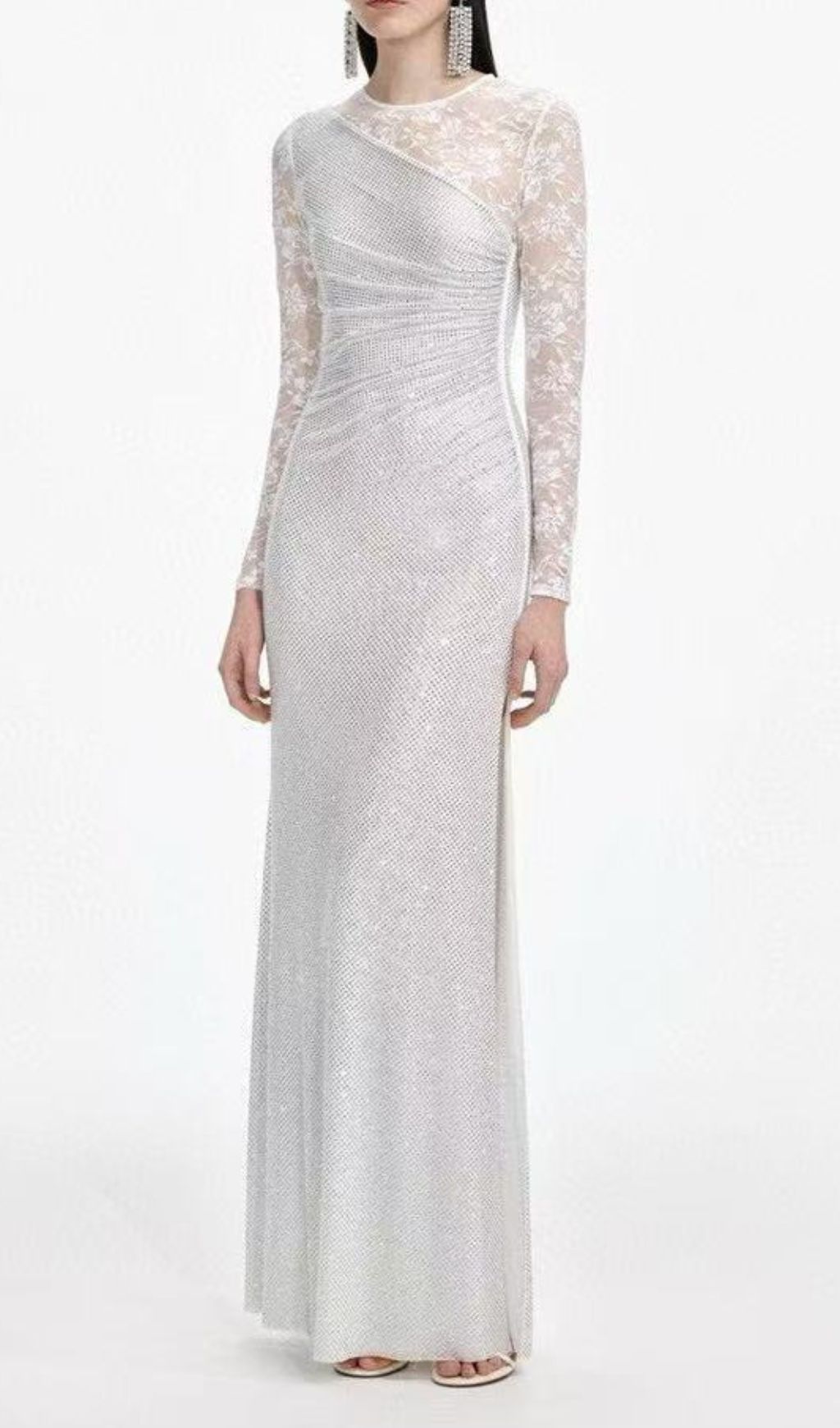 Fashionslee Women Raerion Rhinestone Lace Split Maxi Dress In White