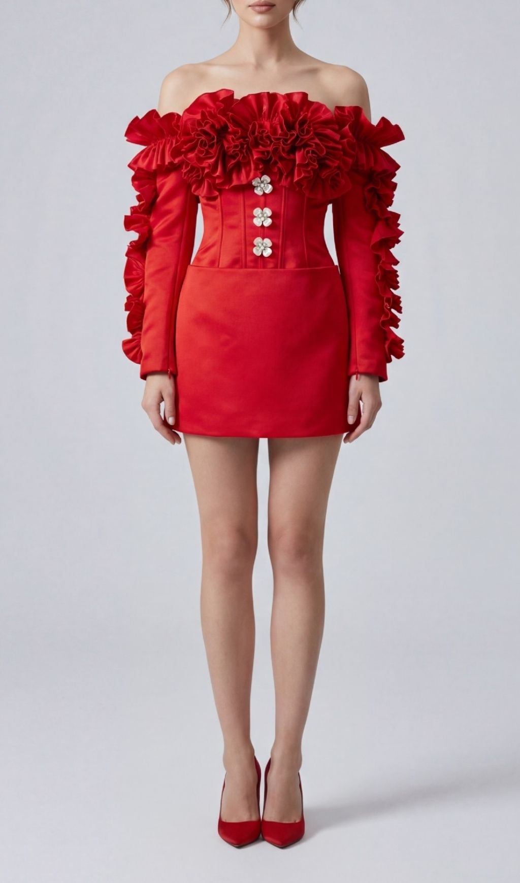 Fashionslee Women Kenna Red Off-Shoulder Ruffle Mini Dress