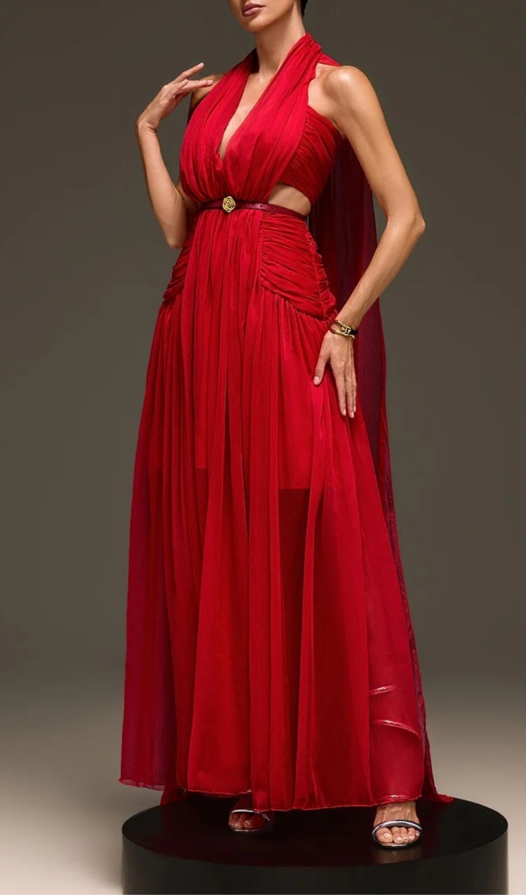 5184edf1535540a545a2672f17f59bc6.jpg Fashionslee Women Galthera Plunge Neck Cape Ruched Maxi Dress