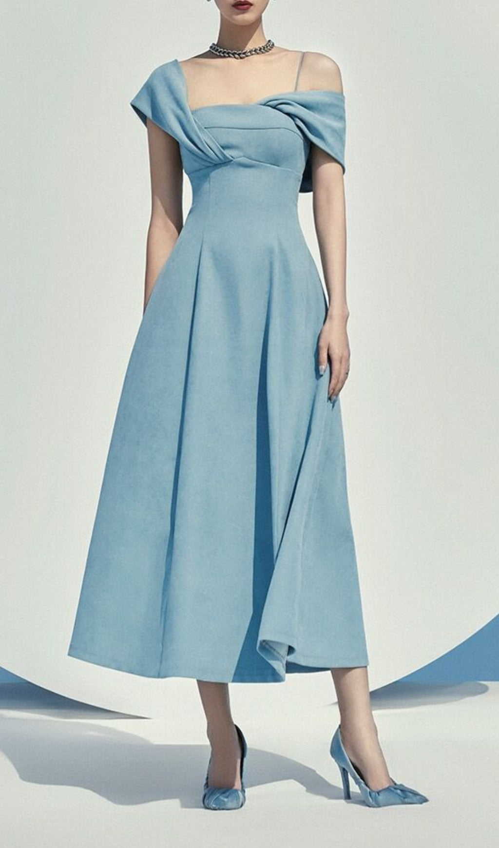 Fashionslee Women Haze Blue Oblique Shoulder Midi Dress