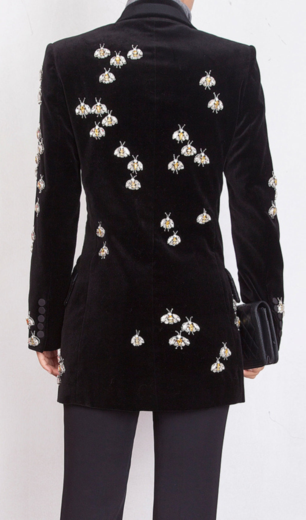 Fashionslee Women Black Velvet Blazer Jacket With Rhinestone Bees
