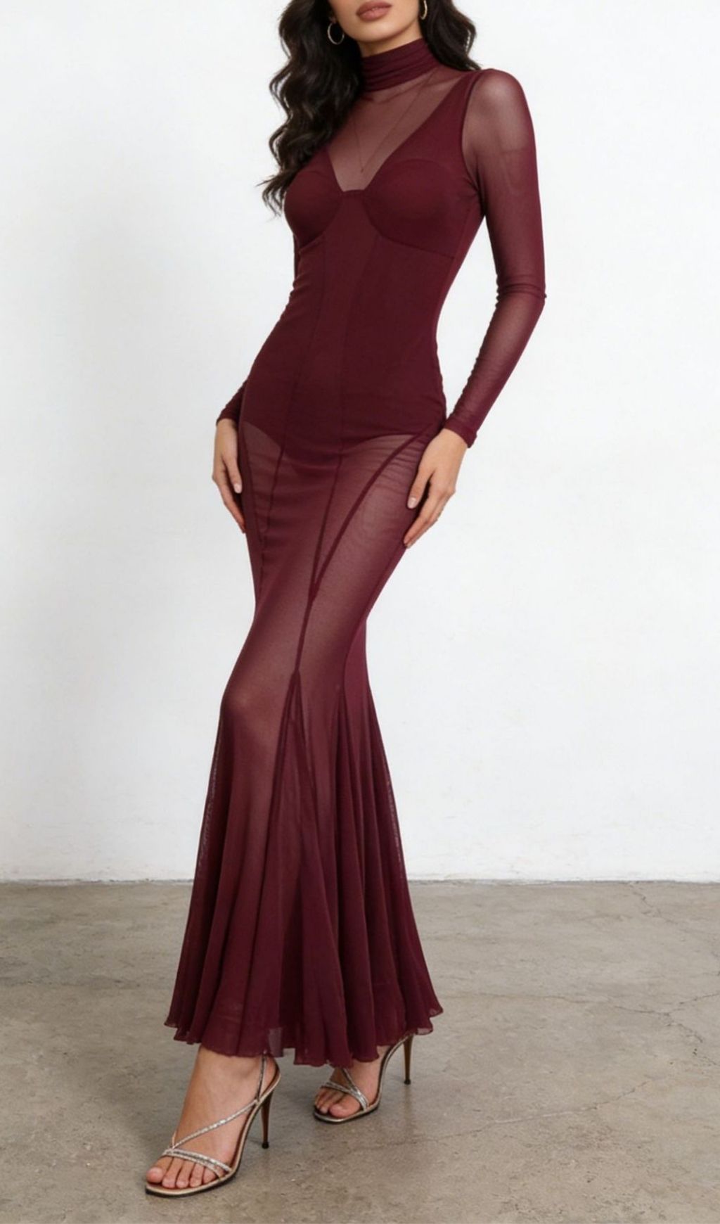 Fashionslee Women Kaylin Wine Mesh Long Sleeve Maxi Dress