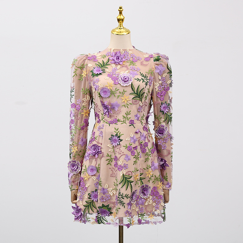 Fashionslee Women Emrys Flower Embroidery Long Sleeve Mini Dress