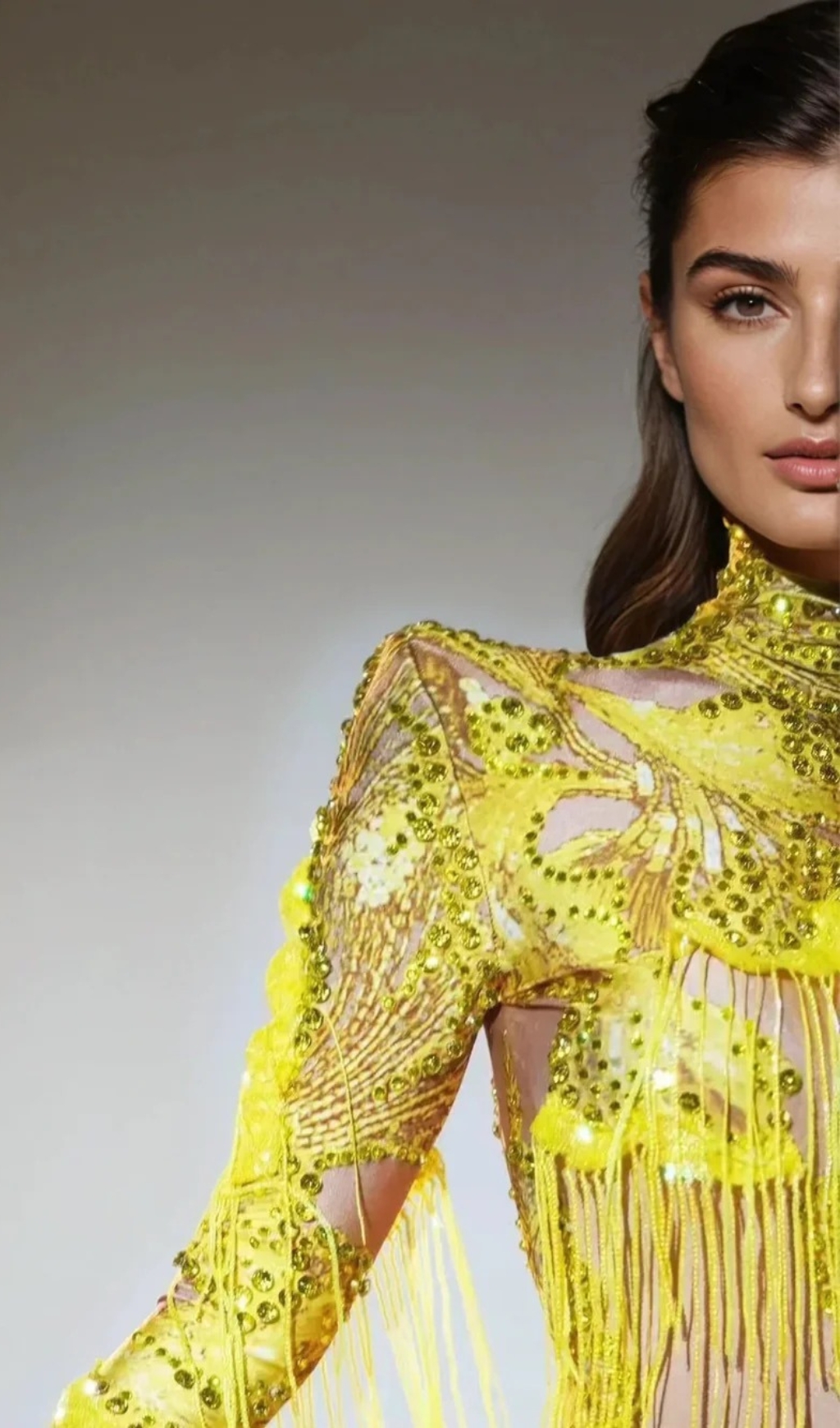 Fashionslee Women Shatora One Shoulder Rhinestone Fringe Bodysuit In Yellow